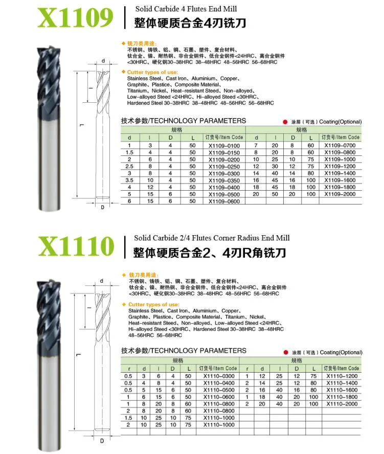 1mm-20mm Diameter 50mm-300mm Total Length Long End Mill Carbide Tungsten Cobalt Alloy Altin Tiain Ticn Tin
